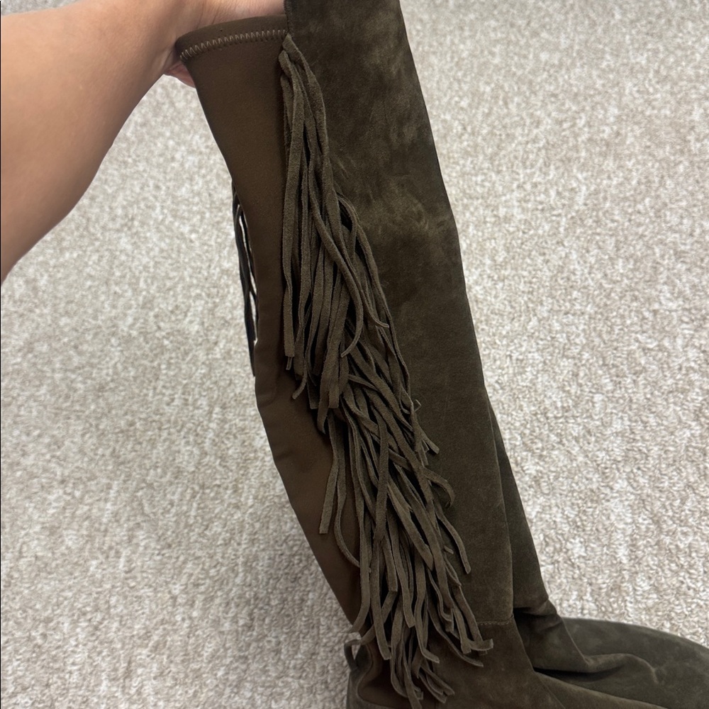 Stuart Weitzman Olive Suede Over-the-Knee Fringe Boots - Picture 3 of 8